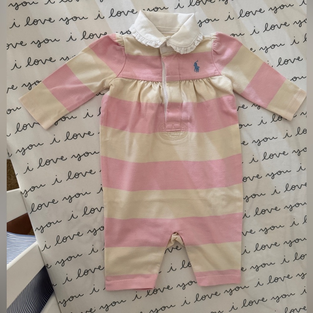 Baby girl's Ralph Lauren pink/cream striped rugby coverall 🩷